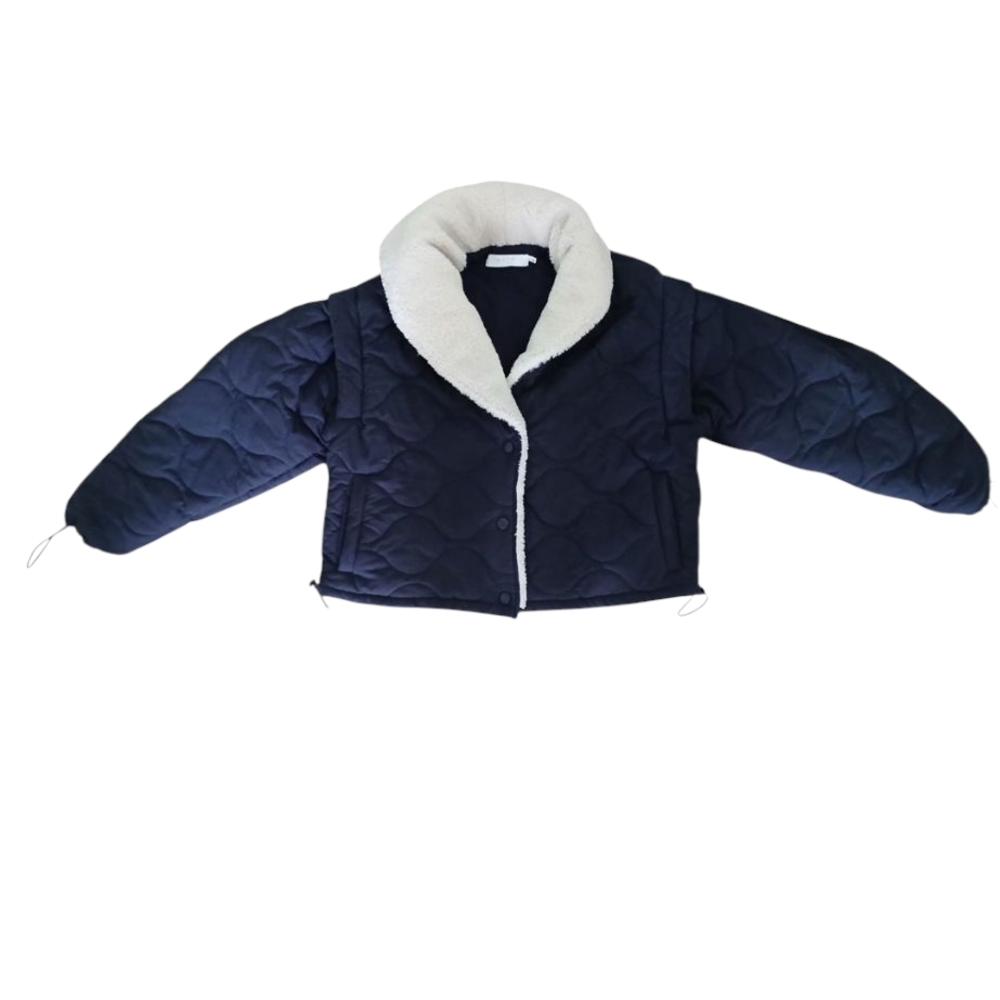 ASTR the Label Womens Navy Coat Jacket Cropped Faux Fur 3 Snap Buttons w Pockets